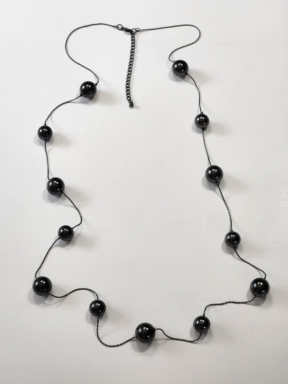 Long Polished Hematite Bead Station Necklace Black Cobra Chain Magic Witchcraft